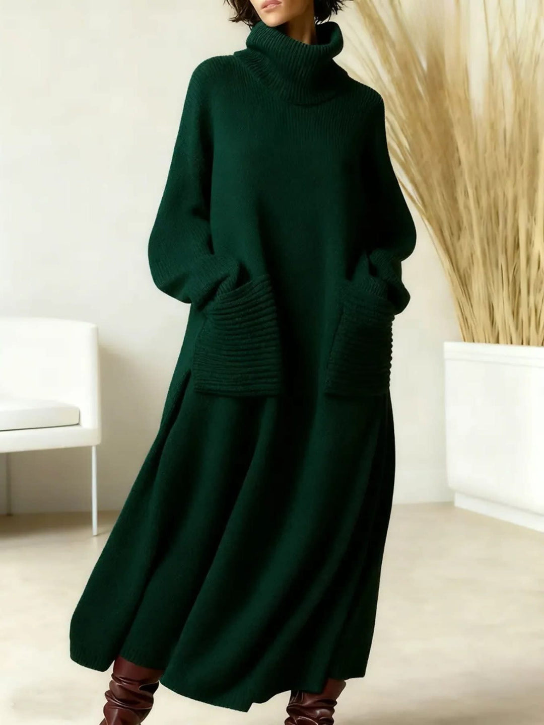 Olive | Relaxed Roll Neck Maxi Knit Dress with Pockets