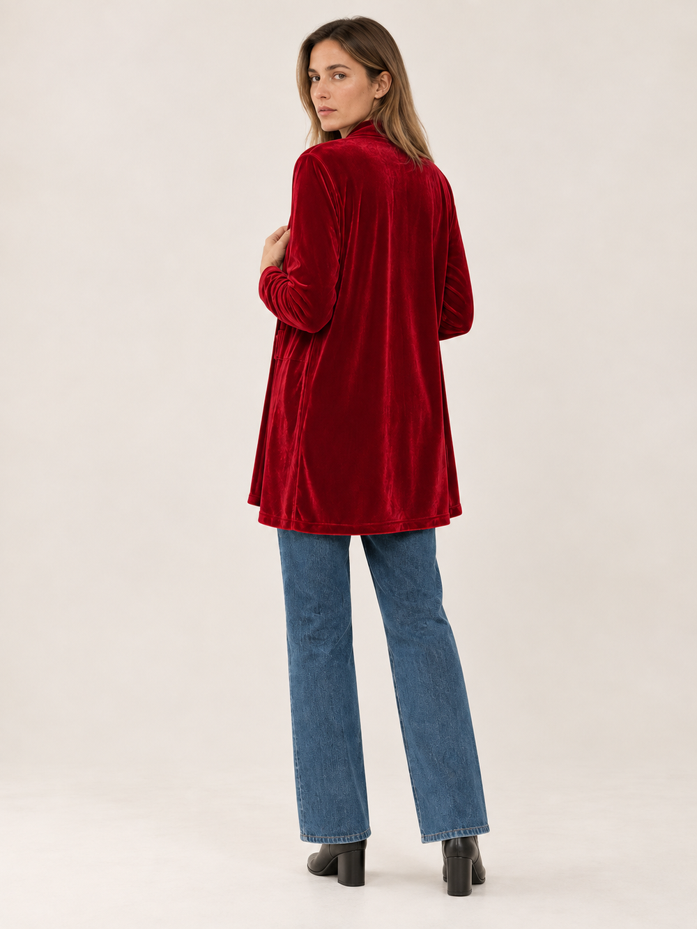 Phoebe | Elegant Longline Open Front Velvet Blazer