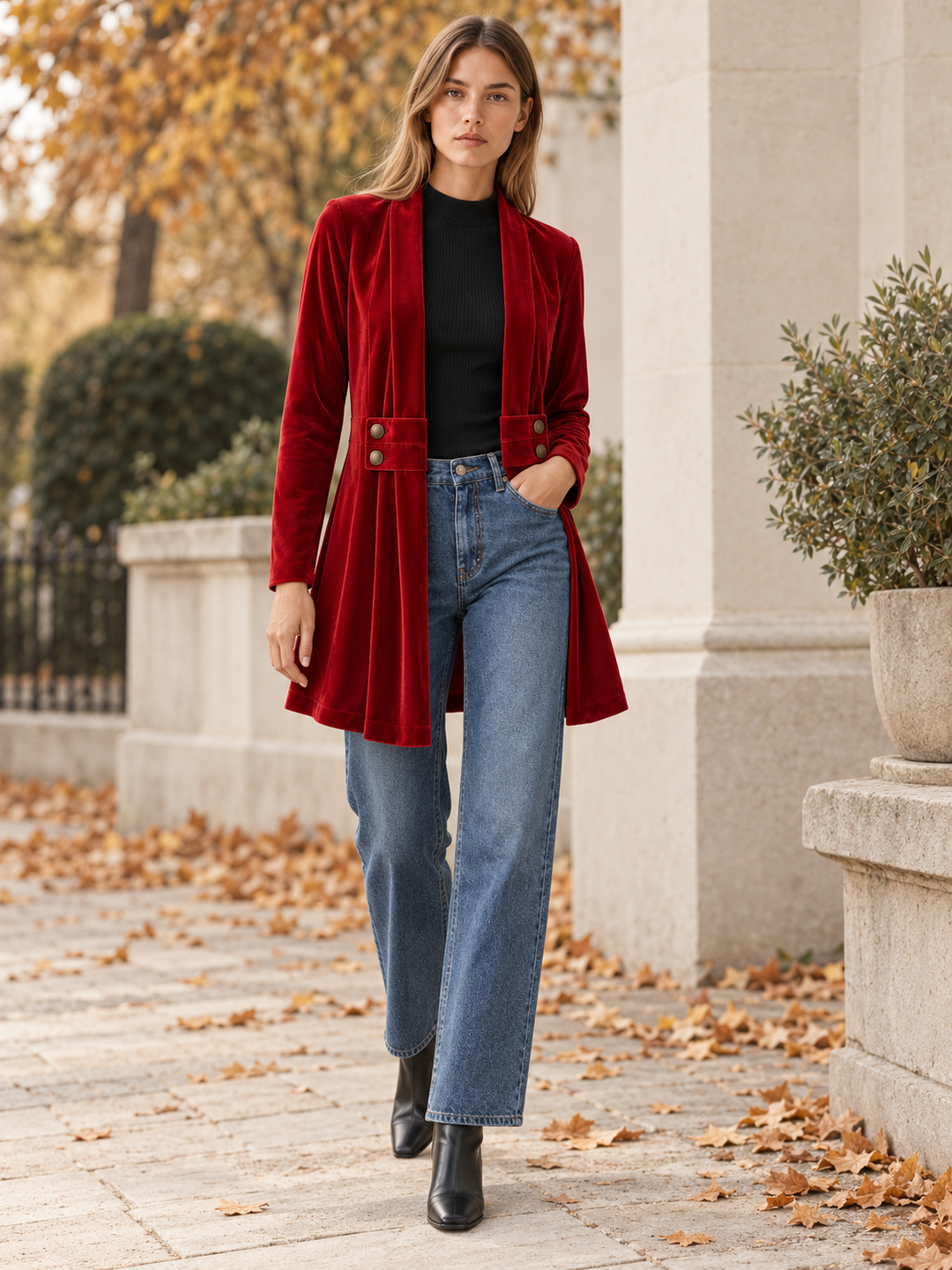 Phoebe | Elegant Longline Open Front Velvet Blazer