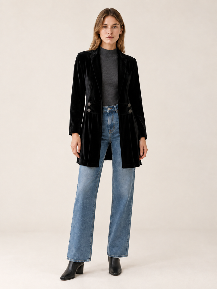 Phoebe | Elegant Longline Open Front Velvet Blazer