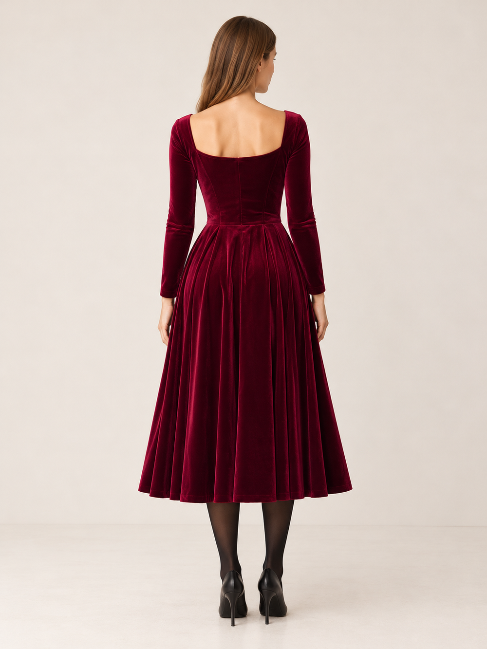 Raya | Polished Long Sleeve Midi Velvet Dress