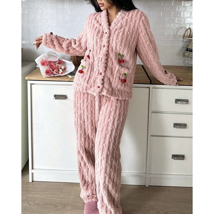 Zoe | Classic Cosy Cherry Print Fluffy Pyjamas Set