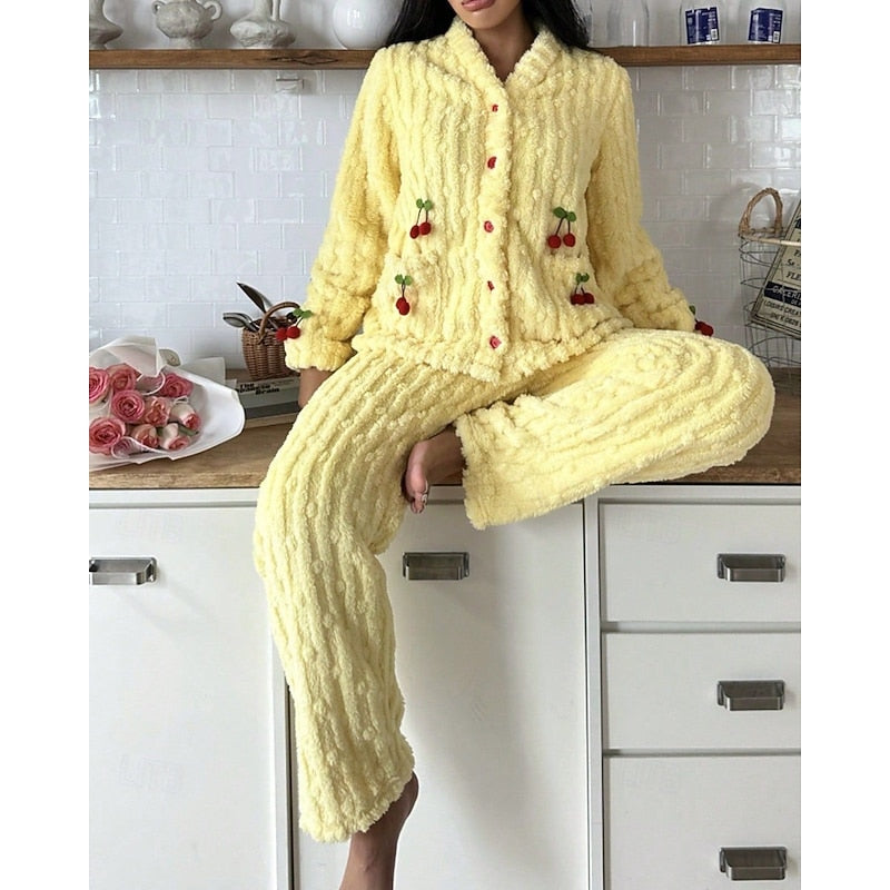 Zoe | Classic Cosy Cherry Print Fluffy Pyjamas Set